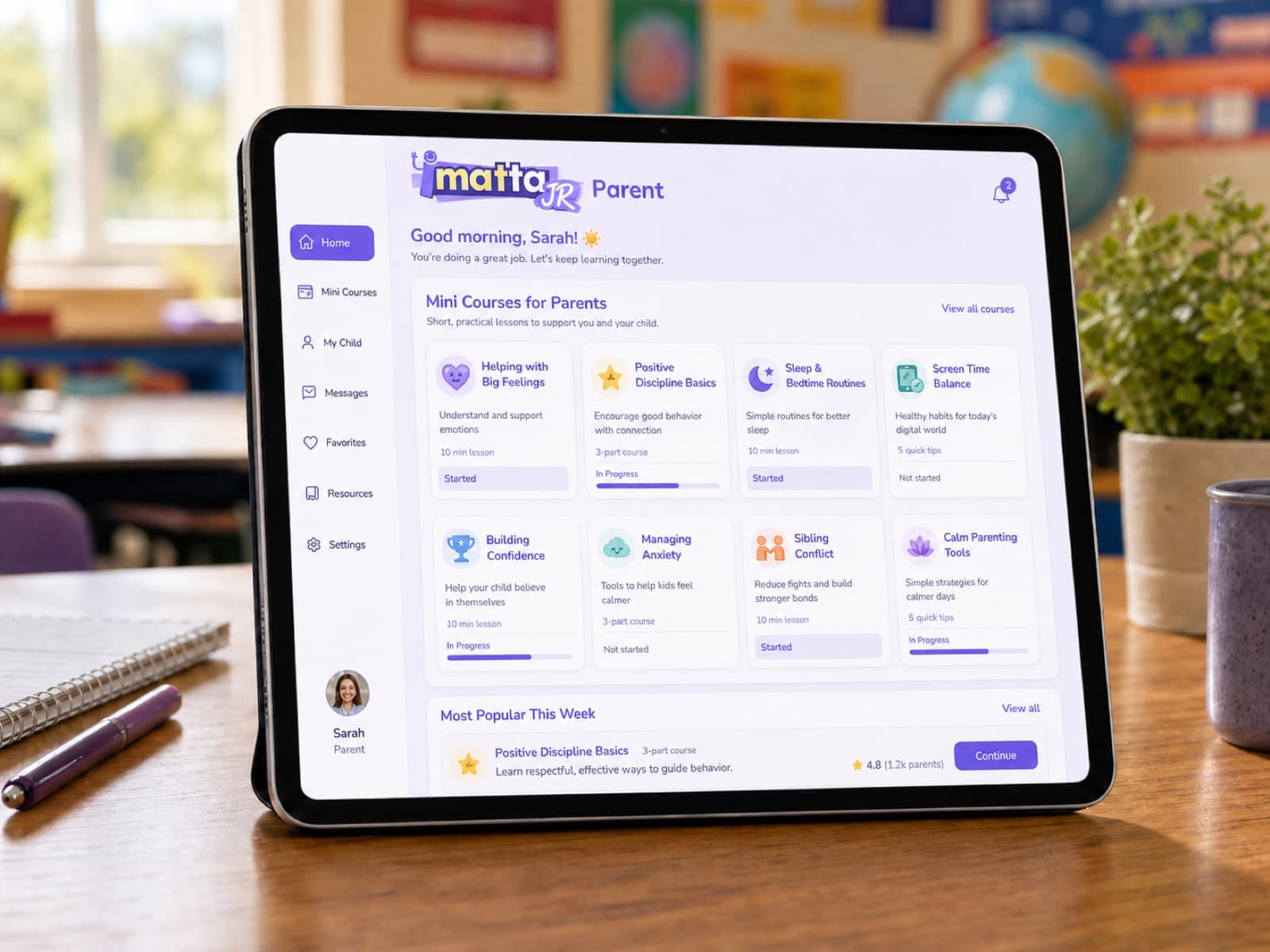 The iMatta JR parent portal shown on a tablet.