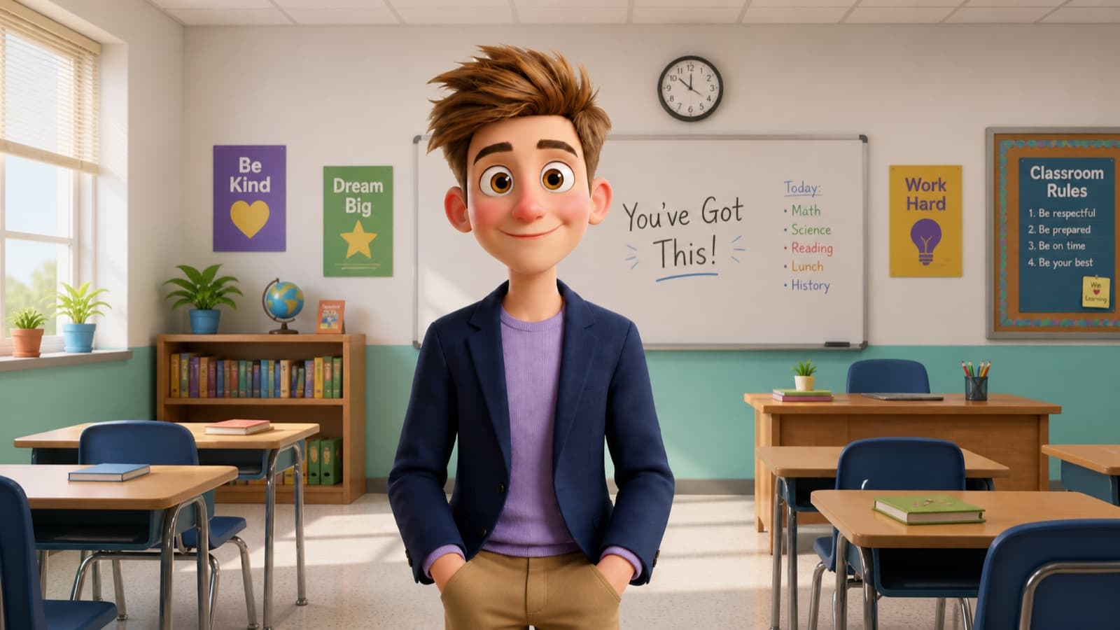 Mr Matta, the programme's teacher-facing character, in a warm illustrated classroom.