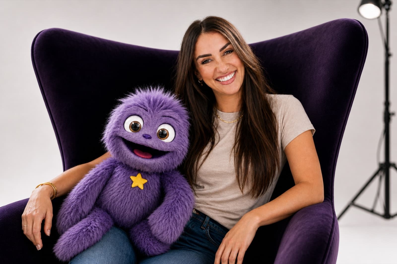 Christina, founder of iMatta Junior, with the programme's purple mascot puppet.
