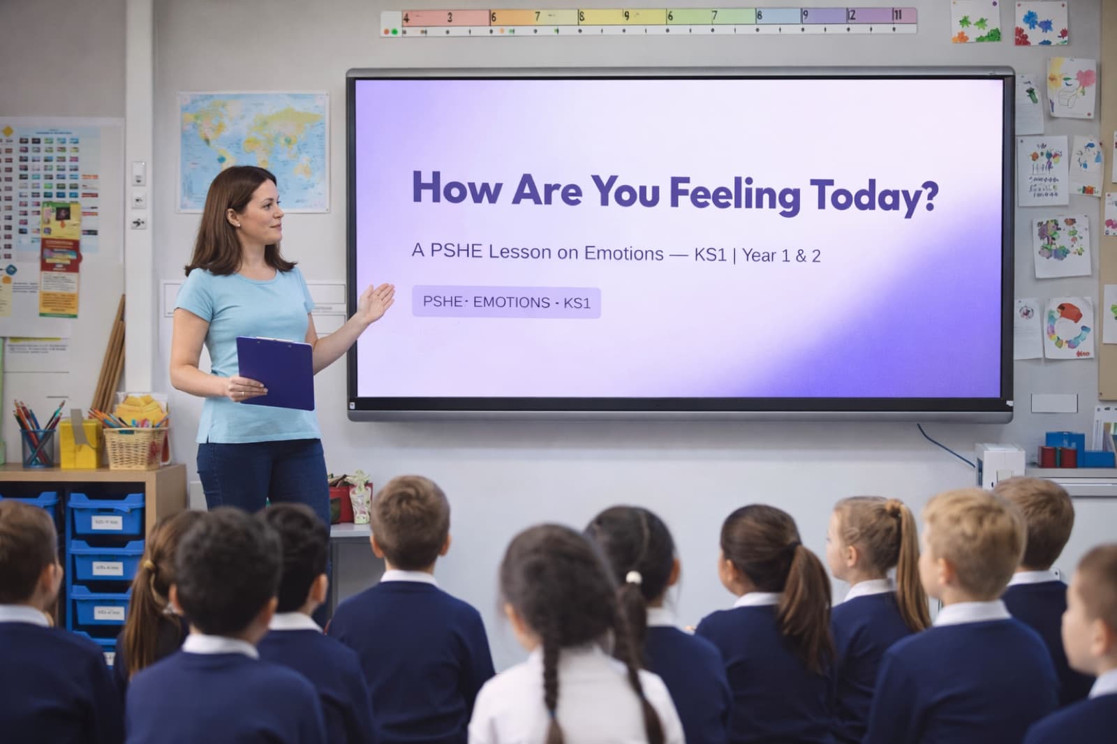 Year 1 and 2 pupils in a PSHE lesson on emotions, taught with the iMatta Junior programme.